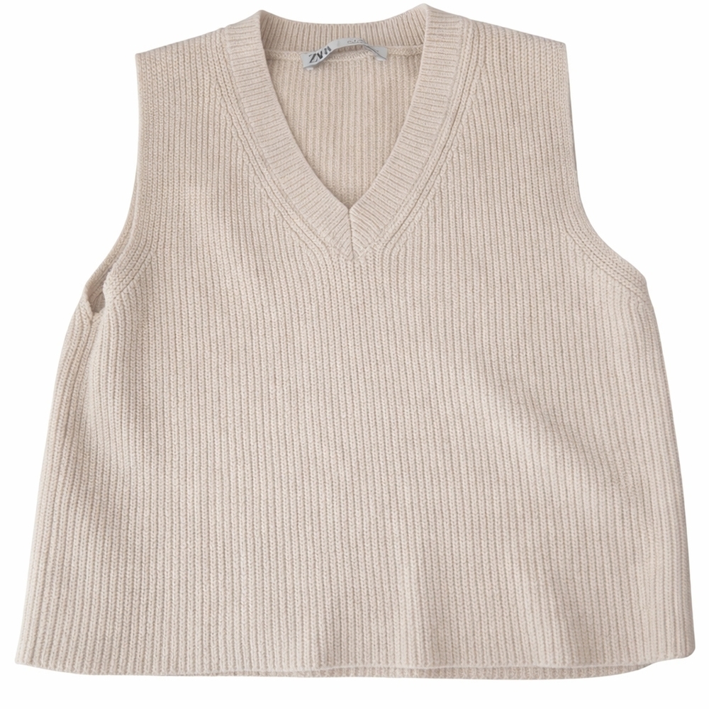 Zara Knit Sweater Vest Small Beige Ribbed V-Neck Minimalist Layering Top